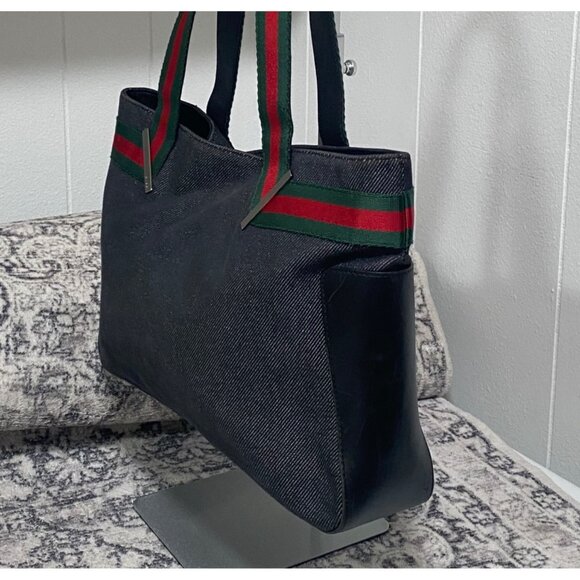 GUCCI Web Sherry Line Black Denim and Leather Trim  Tote Bag - Picture 5 of 9